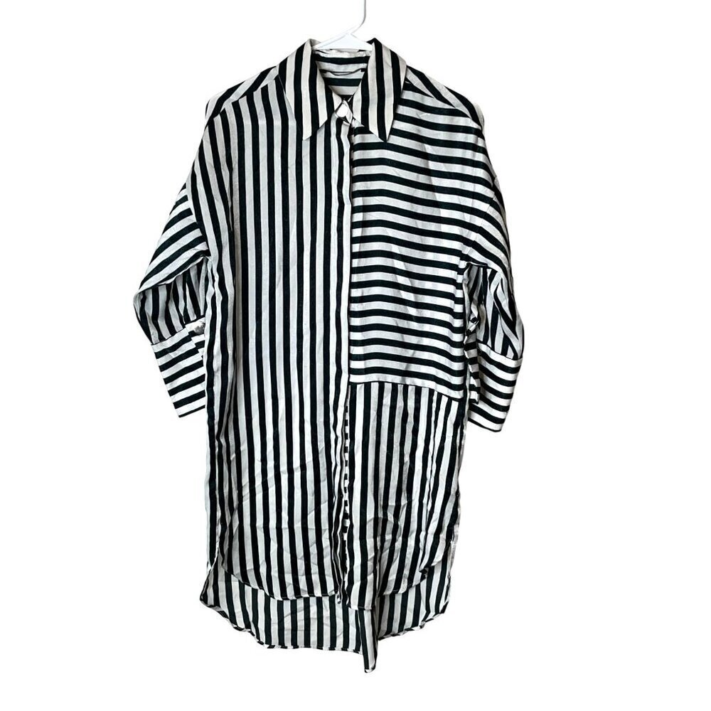 Zara Black & White Striped Button-Up Shirt Dress Relaxed Fit Lightweight size XS